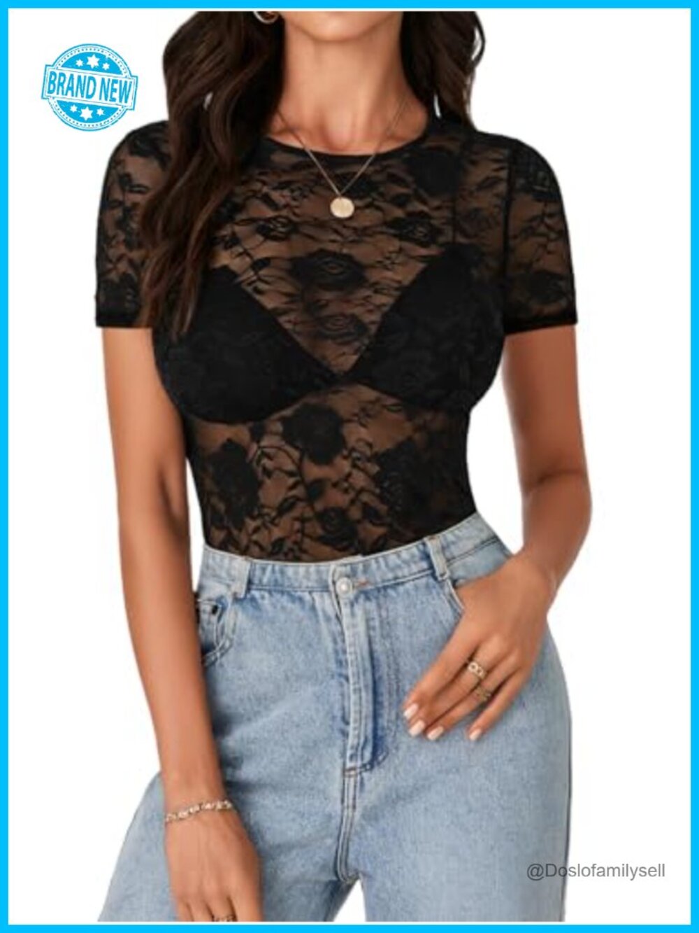Womens Floral Lace Mesh Sheer Tee Slim Fit Short Sleeve Crew Neck Blouse